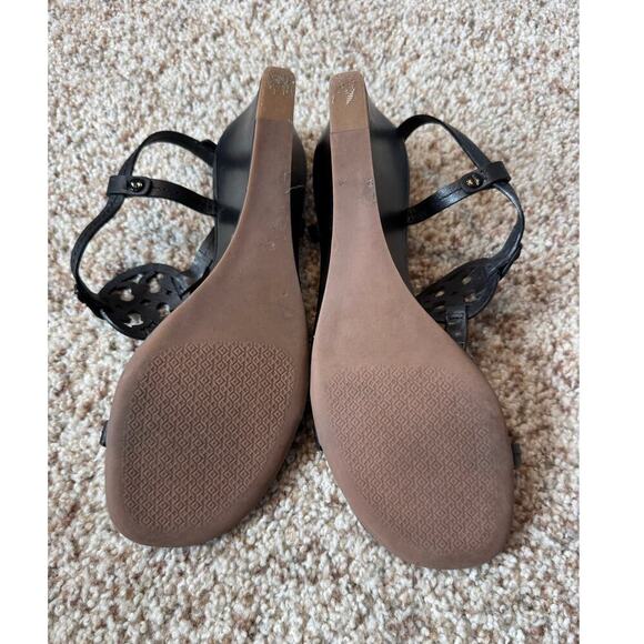 TORY BURCH T-Strap Black Leather Wedge strappy sandals, size 7.5 M - Picture 8 of 13
